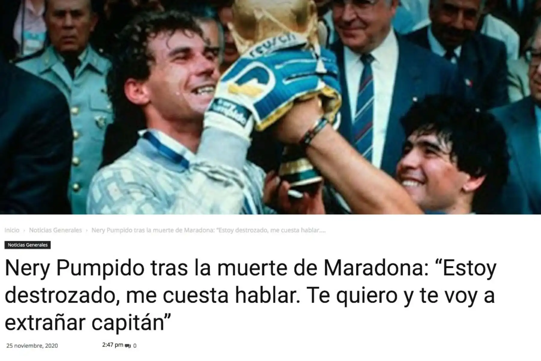 Nery Pumpido, ex futbolista y compañero de Diego Armando Maradona, manifiesta su tristeza , tras la muerte de Maradona.
Foto: Difusión