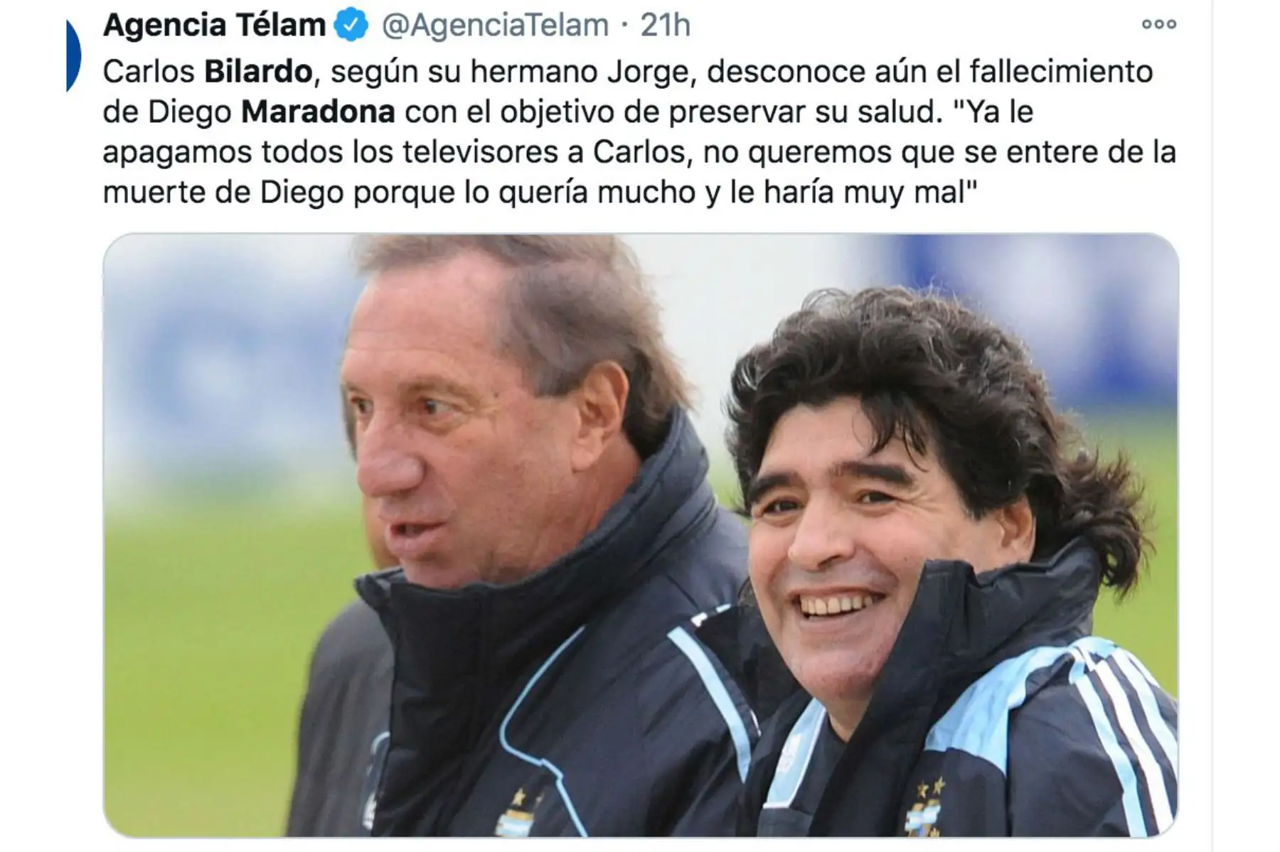 Jorge Bilardo dijo que a su hermano Carlos Bilardo "le apagaron toda la televisión y le dijeron que se había cortado el cable", para que no se entere por los medios de la noticia de la muerte de Diego Armando Maradona.
Foto: Agencia Télam