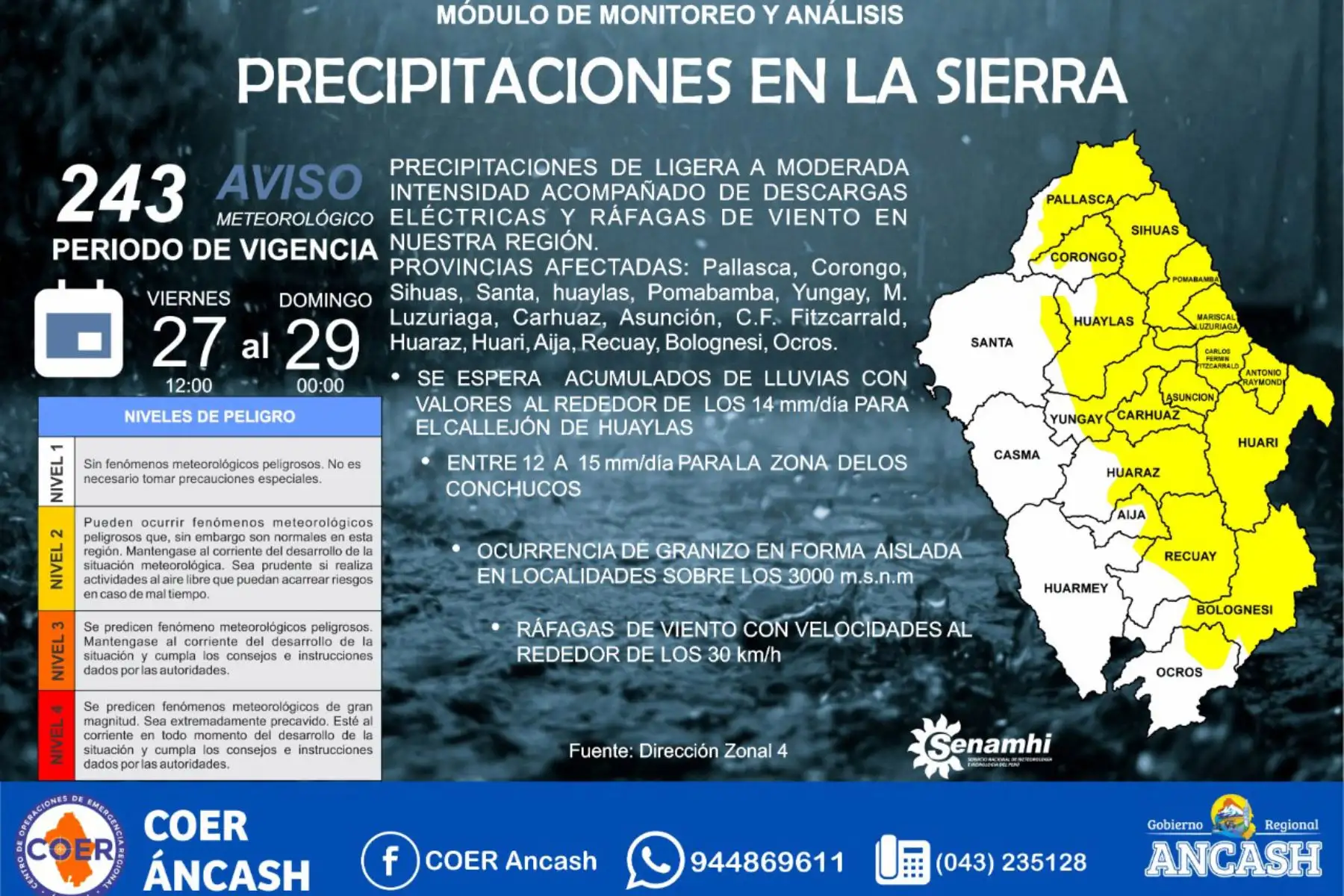 Un total de 17 provincias de la región Áncash soportarán lluvias de ligera a moderada intensidad desde hoy. Foto: ANDINA/Difusión