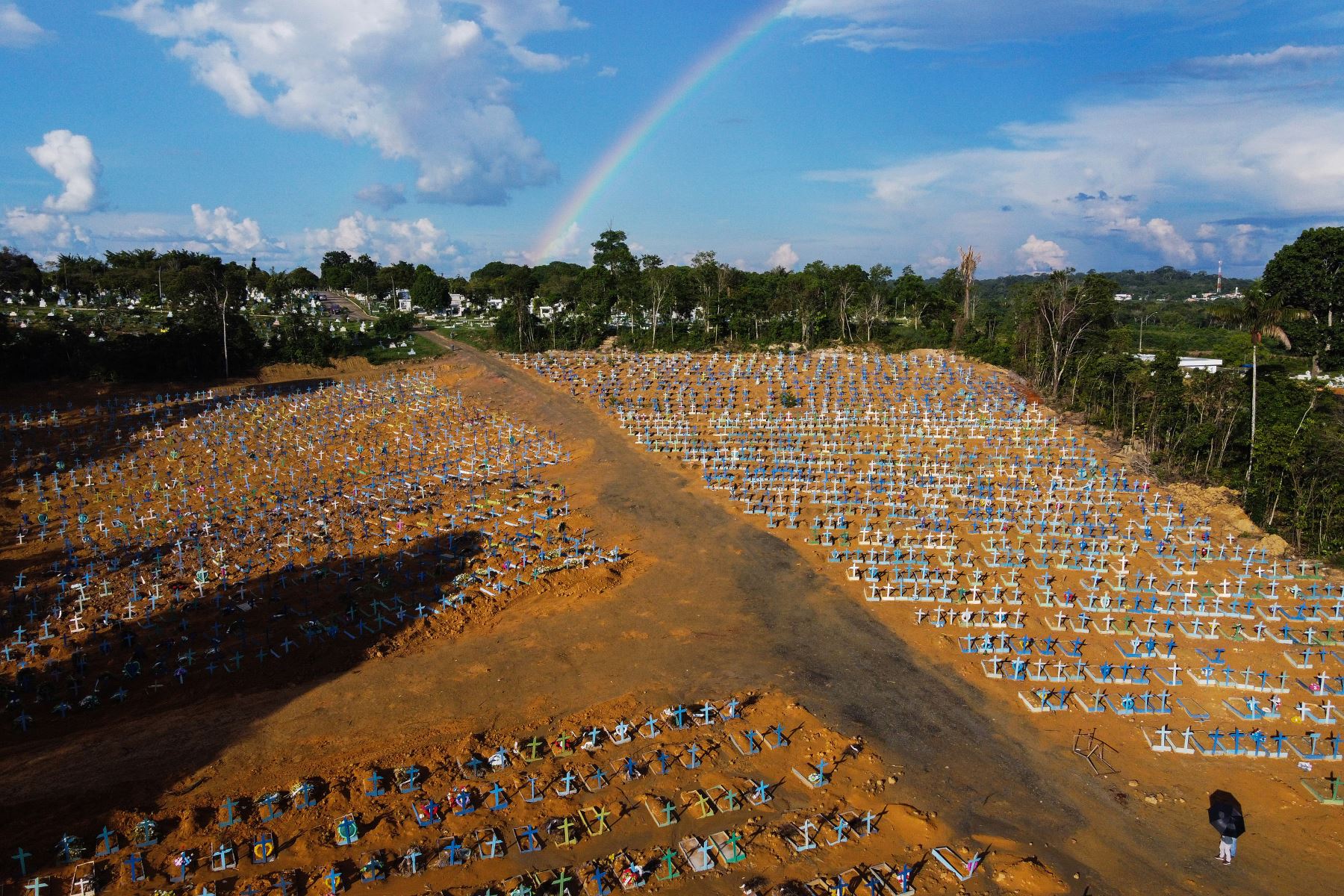 Vista aérea del cementerio reservado para las víctimas de la pandemia del Covid-19 en el cementerio de Nossa Senhora Aparecida, en Manaus, en la selva amazónica de Brasil. Foto: AFP