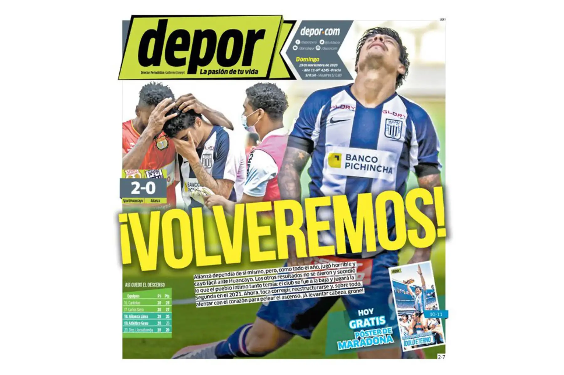 Así informaron algunos medios locales el descenso de Alianza Lima a la Segunda División. Depor. Foto: Difusión