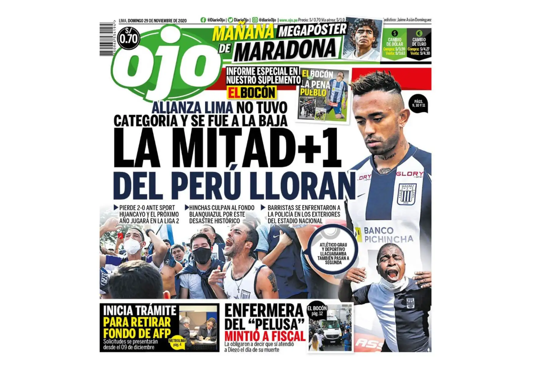 Así informaron algunos medios el descenso de Alianza Lima a la Segunda División. Diario Ojo. Foto: Difusión