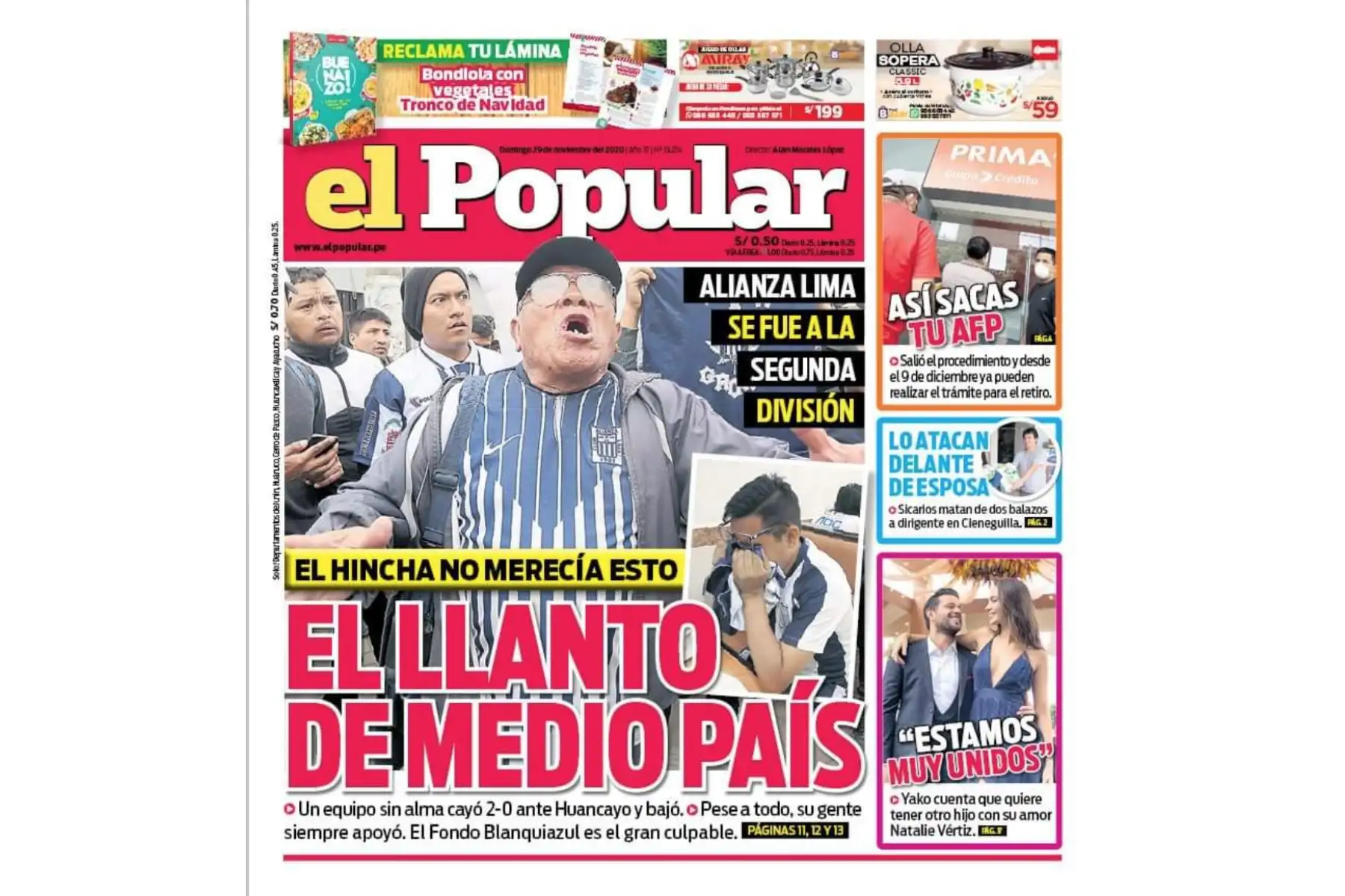 Así informaron algunos medios el descenso de Alianza Lima a la Segunda División. El Popular. Foto: Difusión