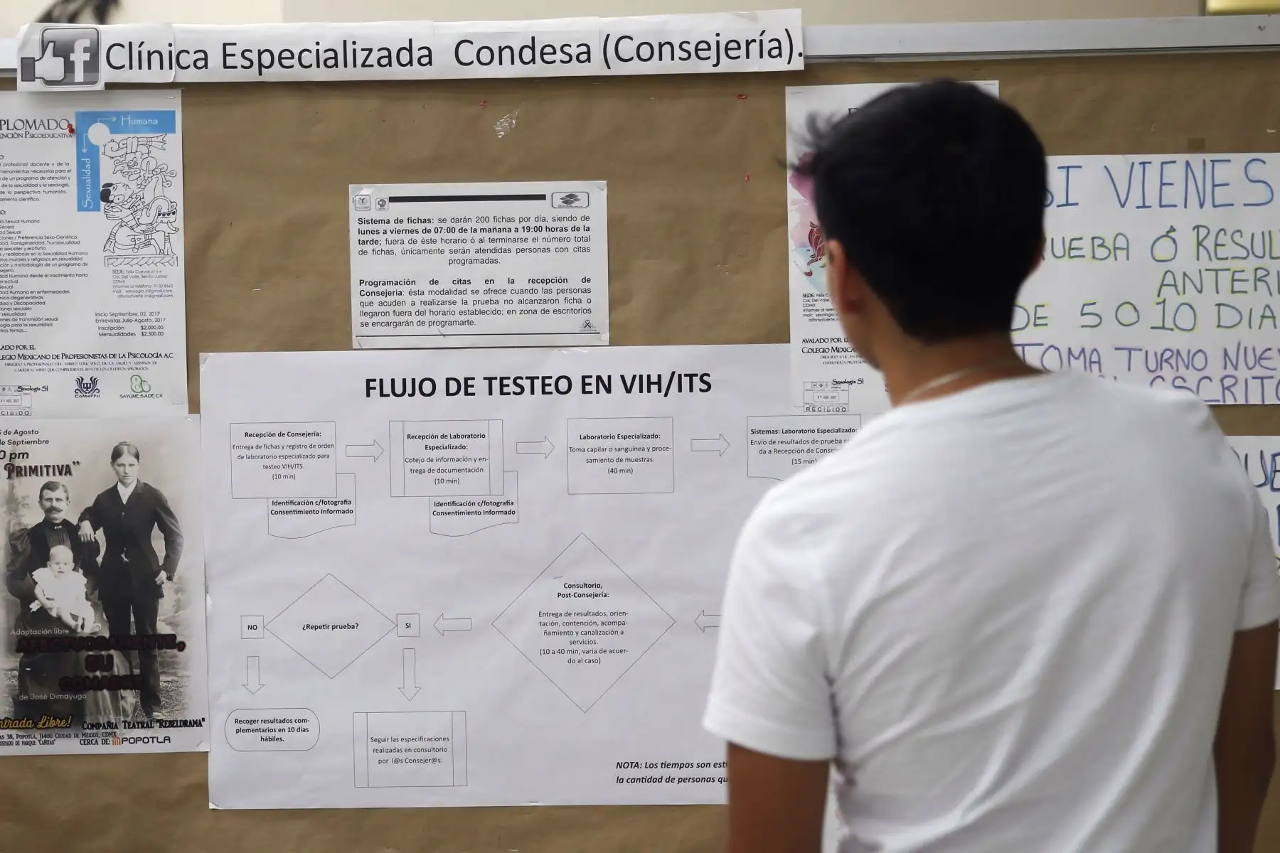 Un hombre mientras observa un cartel informativo, en la clínica especializada VIH Condesa, en Ciudad de México (México). Los pacientes mexicanos que padecen VIH viven pendientes de un hilo por la falta de medicamentos antirretrovirales, la suspensión de consultas y el miedo a infectarse del nuevo virus de la covid-19. Foto: EFE