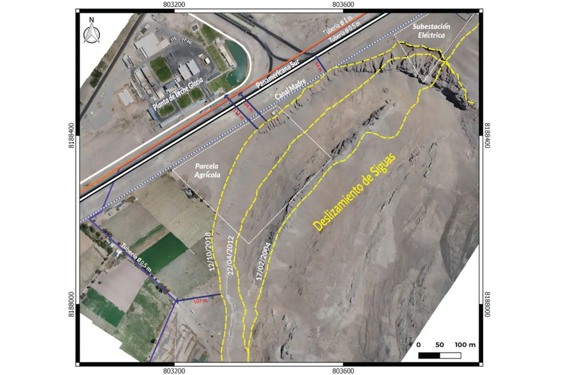 El Ingemmet determinó que los deslizamientos activos de Siguas presentan velocidades en un rango de 6 a 25 m/año y se desplazan en dirección al río Siguas. Foto: Ingemmet