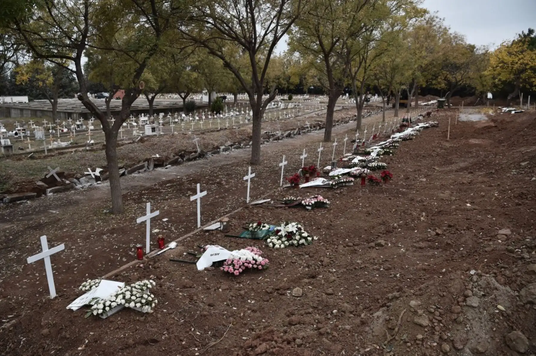 Esta foto tomada en Salónica muestra coronas funerarias en nuevas tumbas de víctimas del Covid-19. Foto: AFP