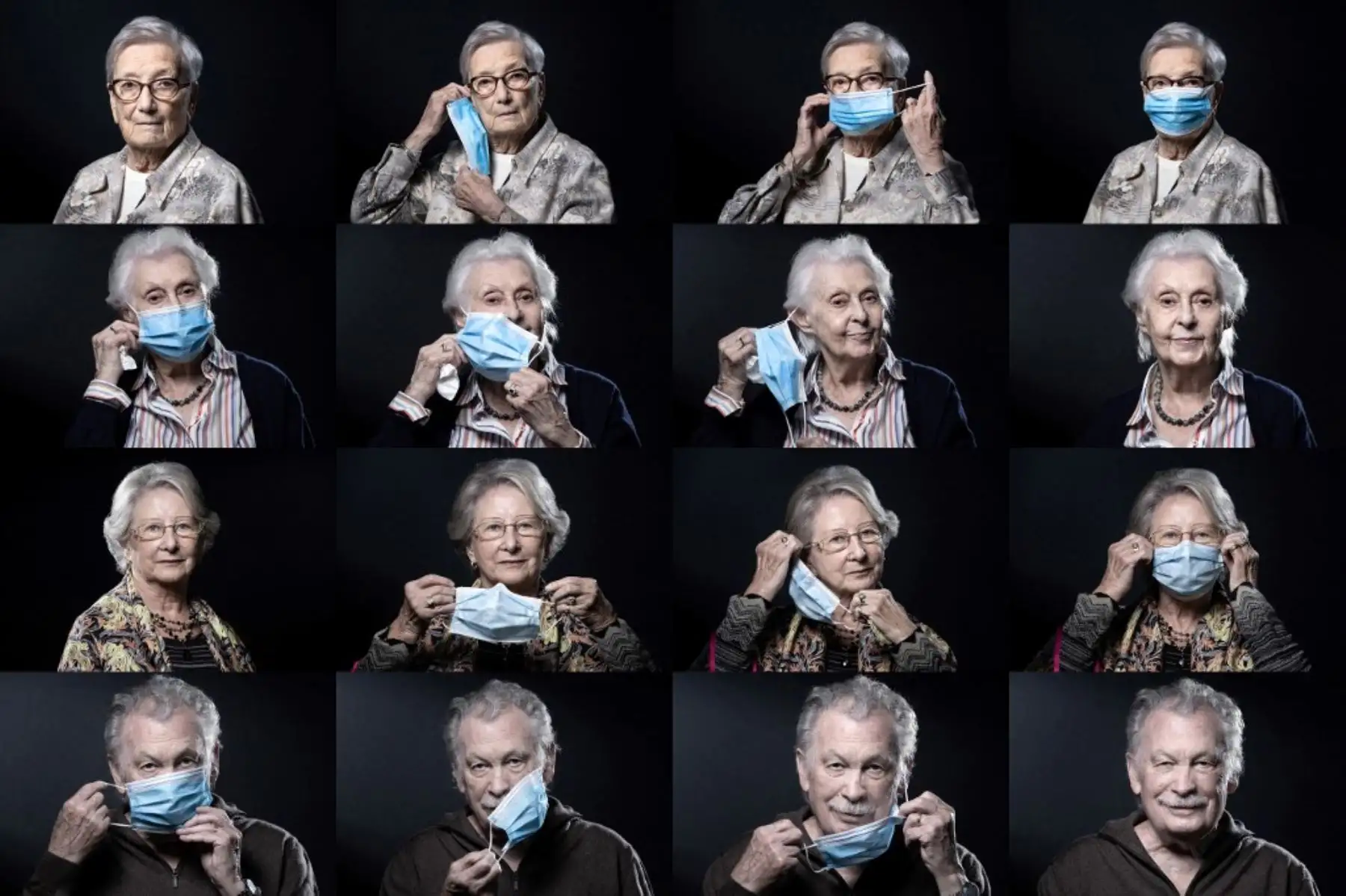 Una combinación de imágenes tomadas en París muestra a los residentes de una casa de retiro en Levallois-Perret posando con máscaras faciales en medio de la nueva pandemia de coronavirus. Foto: AFP