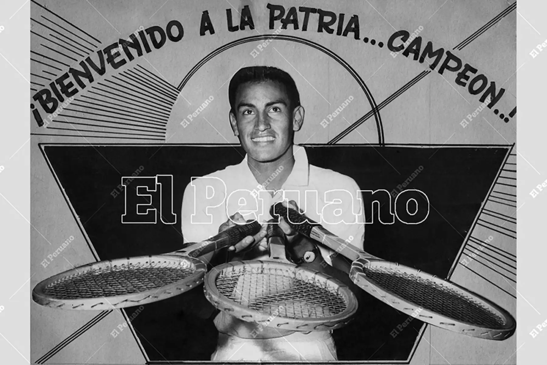 Lima - 21 marzo 1959 / Composición fotográfica del diario La Crónica para dar la bienvenida al tenista Alejandro Olmendo campeón de la Copa Davis. 
Foto: Archivo Histórico de El Peruano