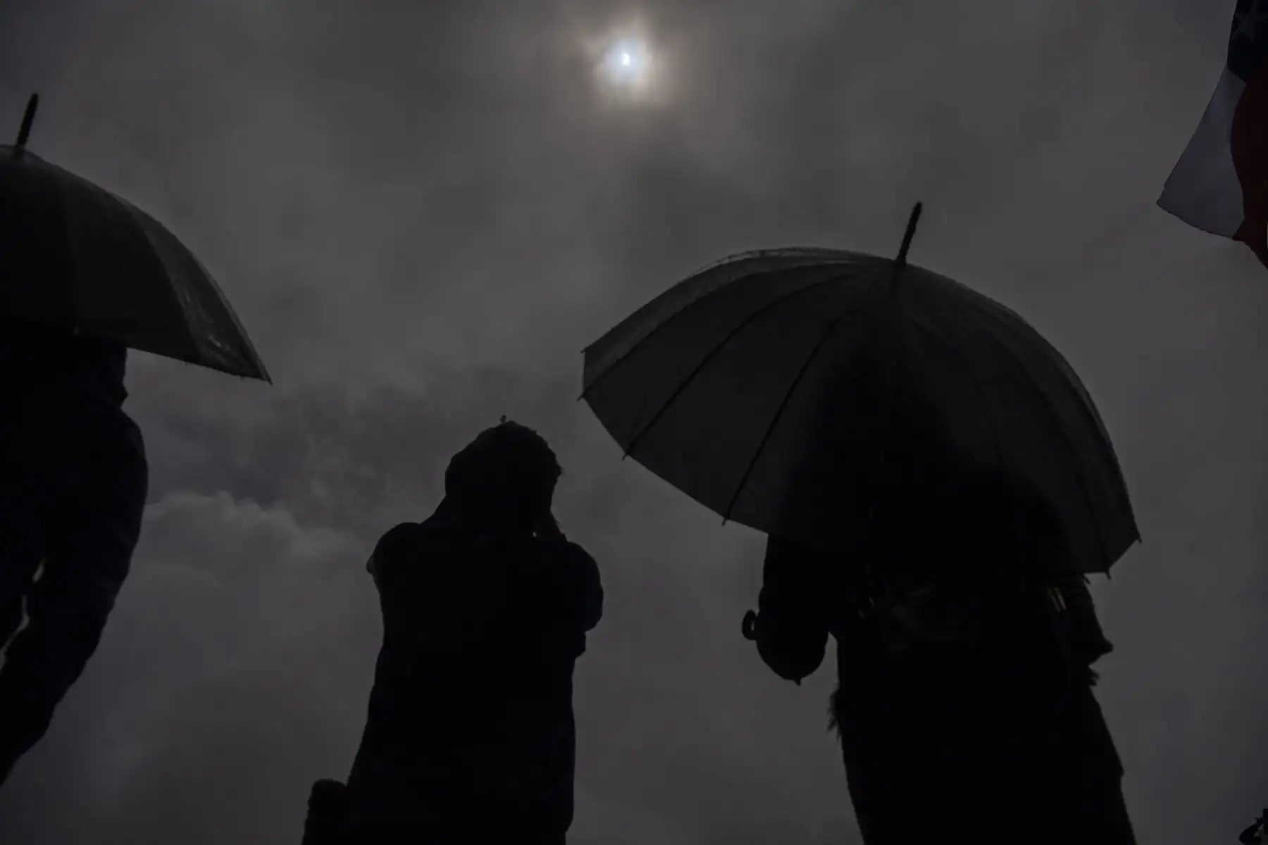 La gente observa el eclipse total de sol en las orillas del lago Villarrica en Pucón, sur de Chile. Foto: AFP