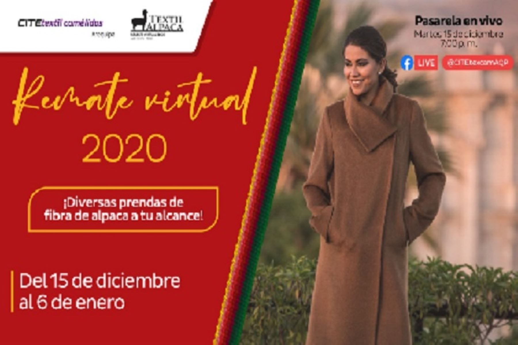 “Remate digital 2020” será transmitido vía online por la web del CITEtextil Camélidos Arequipa  https://www.facebook.com/CITEtexcamAQP a las 19:00 horas.