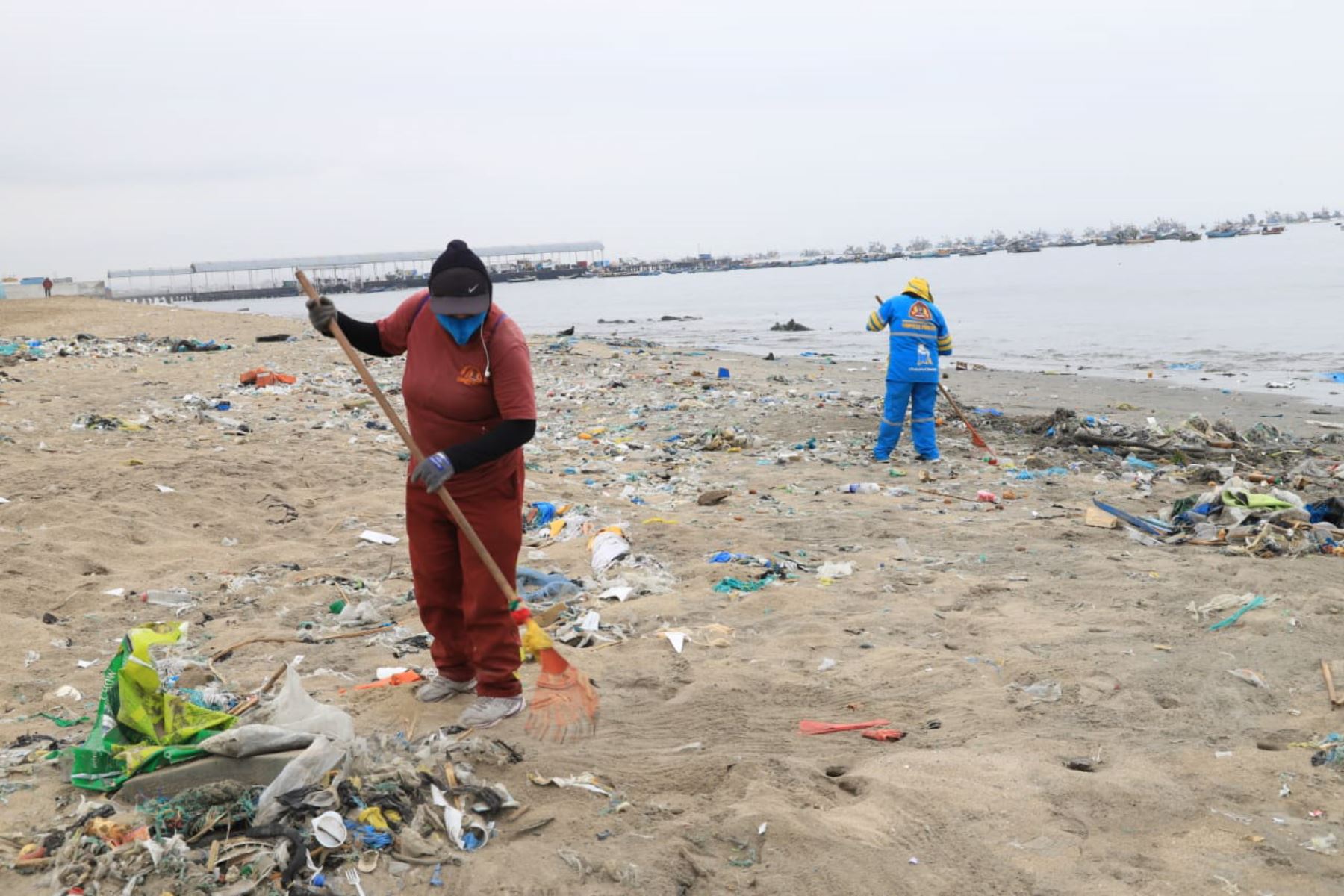 Personal del área de Limpieza Pública de la municipalidad provincial del Santa retiró más de cinco toneladas de desperdicios y desechos orgánicos de la playa La Caleta, en la región Áncash.