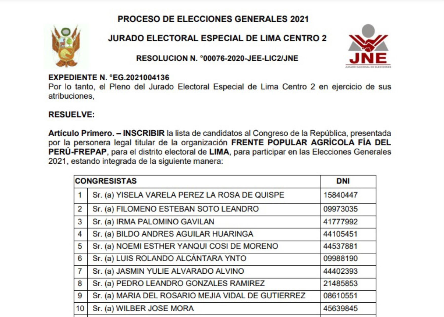 Inscriben lista de candidatos del Frepap al Congreso para el distrito electoral de Lima.