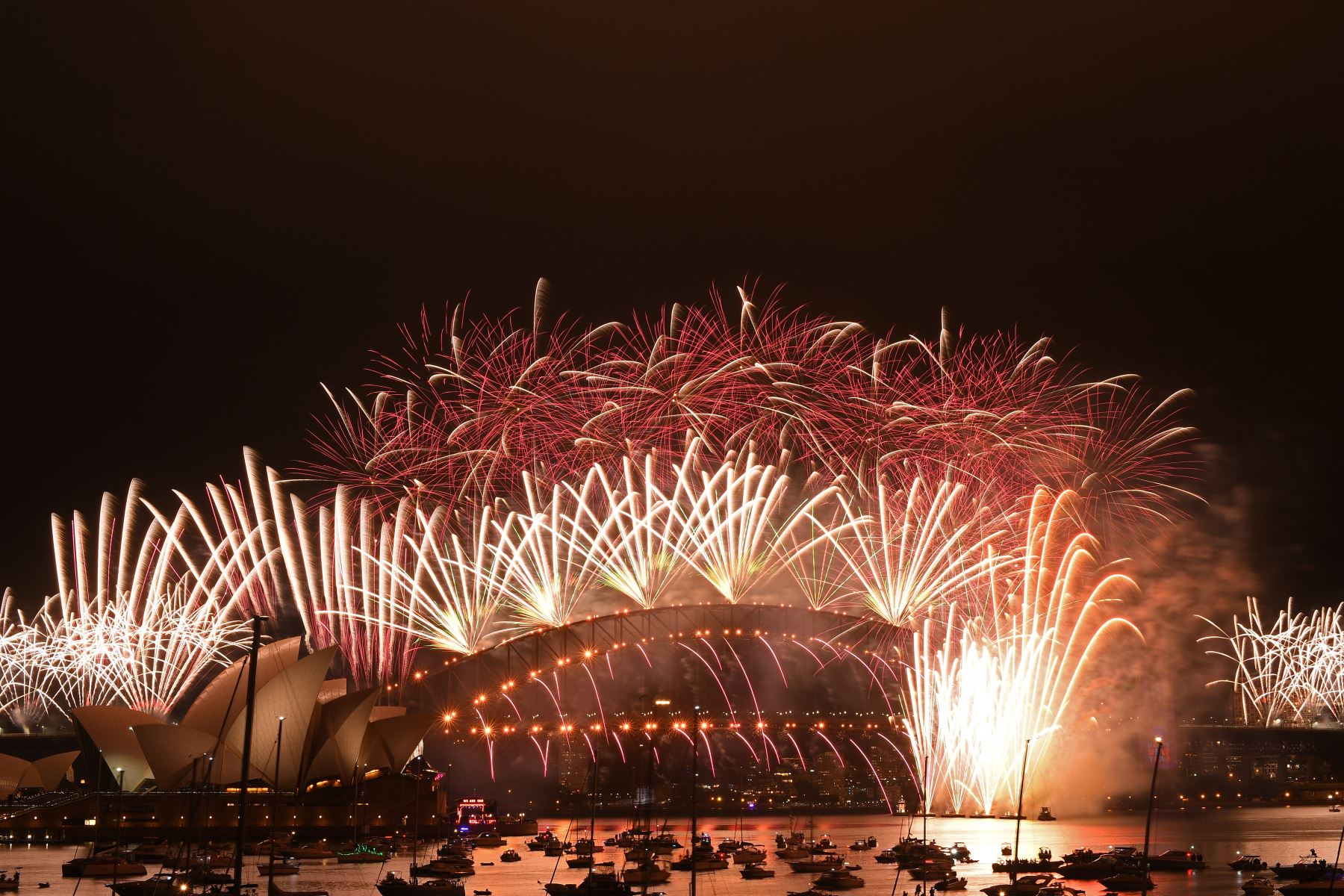 Fuegos artificiales estallan sobre el icónico Harbour Bridge y la Opera House de Sídney durante el espectáculo de fuegos artificiales el 1 de enero de 2021.
Foto: ANDINA/AFP