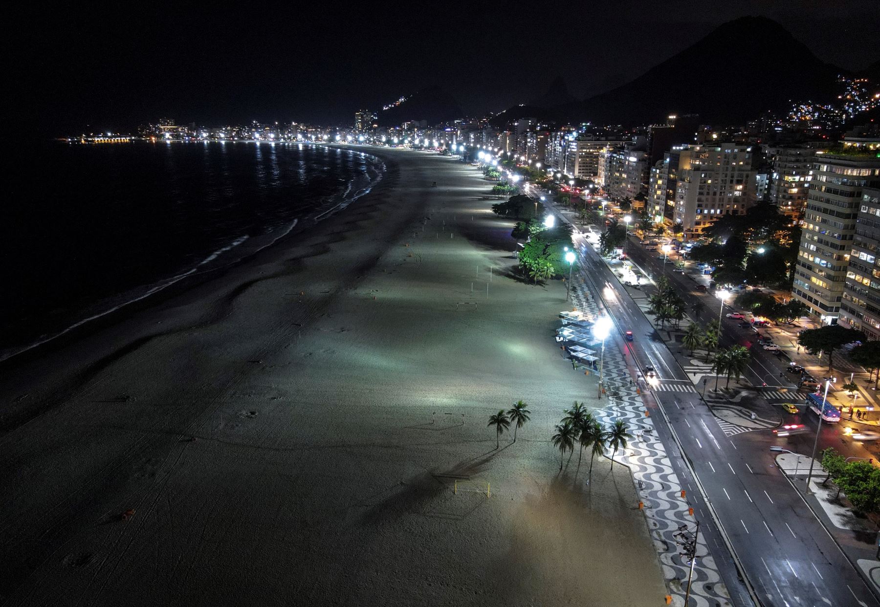 Foto tomada con dron que muestra la mítica playa de Copacabana vacía hoy, en la noche de fin de año en Río de Janeiro (Brasil). Es la primera vez en los últimos años que nadie va a la playa de Copacabana para celebrar el fin de año, lugar que siempre acostumbra llevar dos millones de personas para celebrar las fiestas. Foto: EFE
