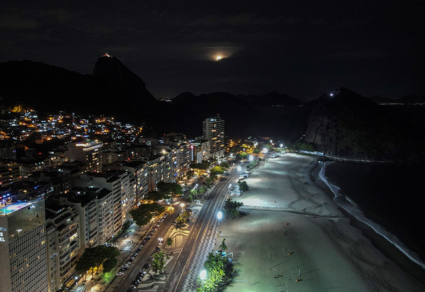 Foto tomada con dron que muestra la mítica playa de Lema vacía hoy, en la noche de fin de año en Río de Janeiro (Brasil). Foto: AFP