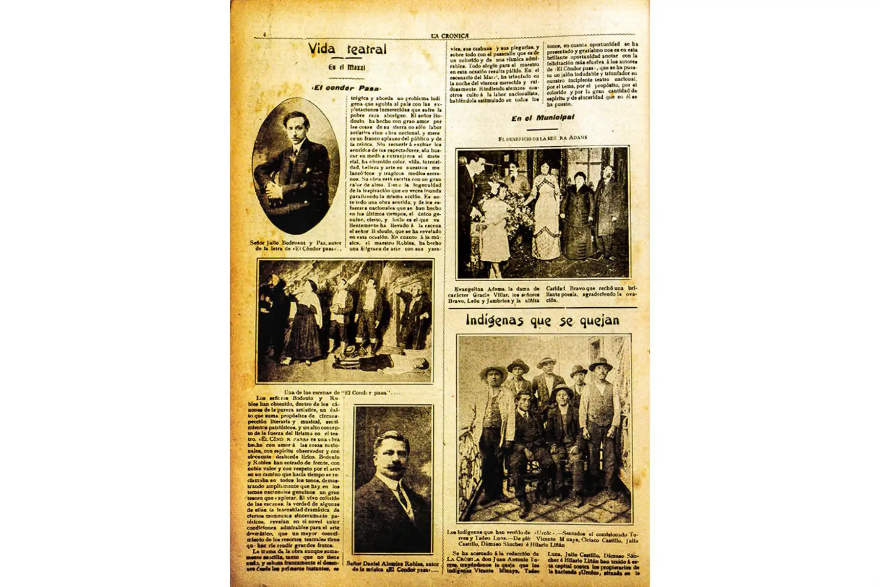 El 21 de febrero de 1910, inicia sus presentaciones públicas con un concierto en la Universidad Mayor de San Marcos. Al año siguiente, viaja a la Argentina. A su retorno, por primera vez se escuchó ‘El cóndor pasa’ en el teatro Mazzi, de la plaza Italia.
Foto: ANDINA/ Archivo