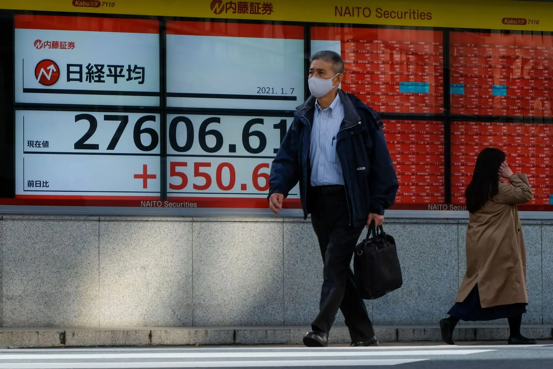 Un peatón pasa por un tablero de cotización electrónico que muestra los precios de las acciones de la Bolsa de Valores de Tokio. Foto: AFP