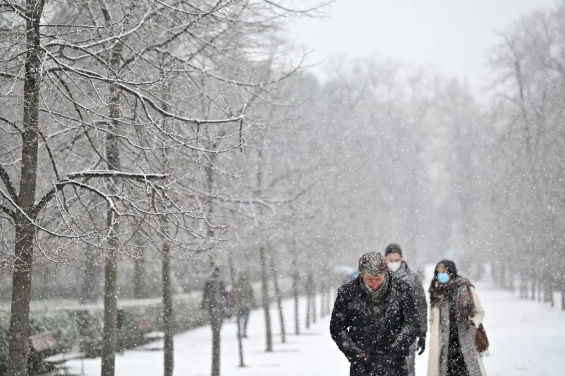 La gente camina mientras cae la nieve en el Parque del Retiro en el centro de Madrid. Se ha emitido una advertencia en todo el país por la tormenta Filomena que ha provocado un fuerte descenso de temperaturas y nevadas en toda España. Foto: AFP