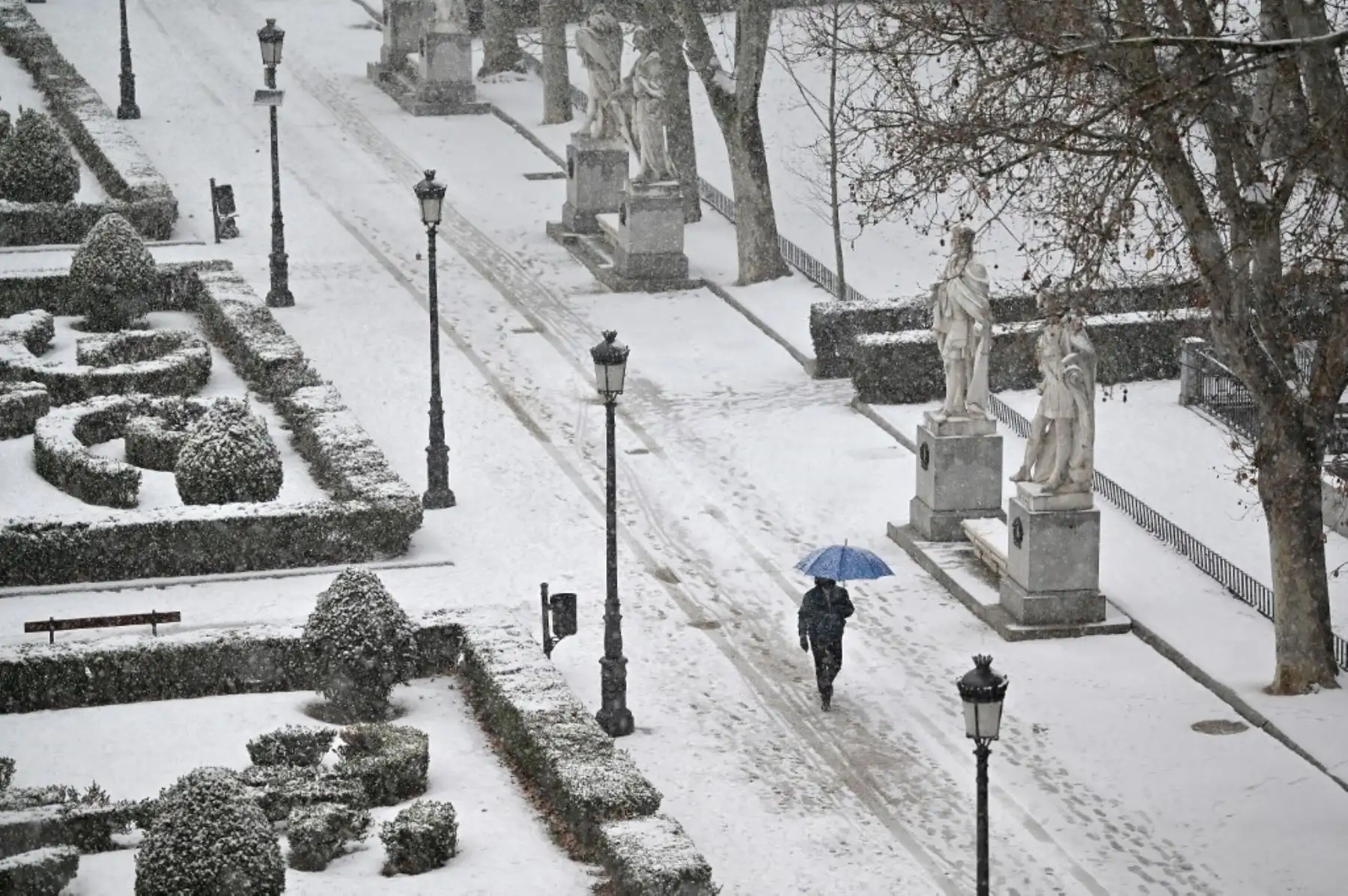 Un hombre camina en la nieve a lo largo de los jardines de Sabatini frente al Palacio Real de Madrid el 8 de enero de 2021. Caían fuertes nevadas debido a la tormenta Filomena en Madrid y en partes de España hoy que podrían cubrir hasta la mitad del país, causando una gran caída de las temperaturas. Foto: AFP