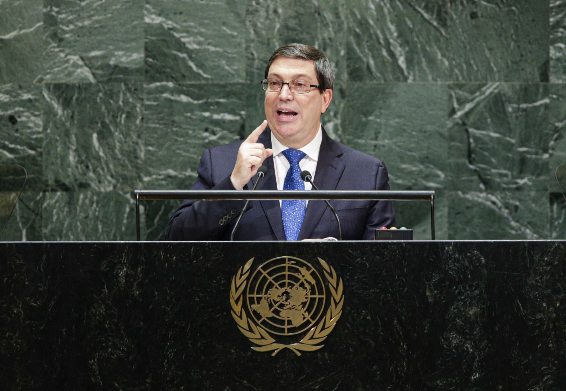 En esta fotografía de archivo tomada el 28 de setiembre del 2019, se aprecia al ministro de Relaciones Exteriores de Cuba, Bruno Eduardo Rodríguez Parrilla, hablando en la 74a Asamblea General de las Naciones Unidas en la ciudad de Nueva York. Foto: AFP