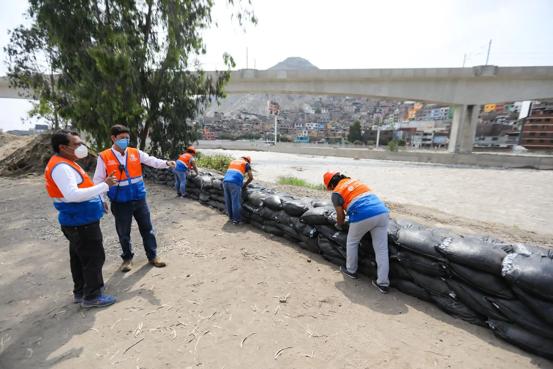 La Municipalidad Metropolitana de Lima, realizó el llenado de sacos terreros en el AH Nueva Caja de Agua en Cercado de Lima como medida de prevención ante un posible desborde del río Rímac. Foto: MML