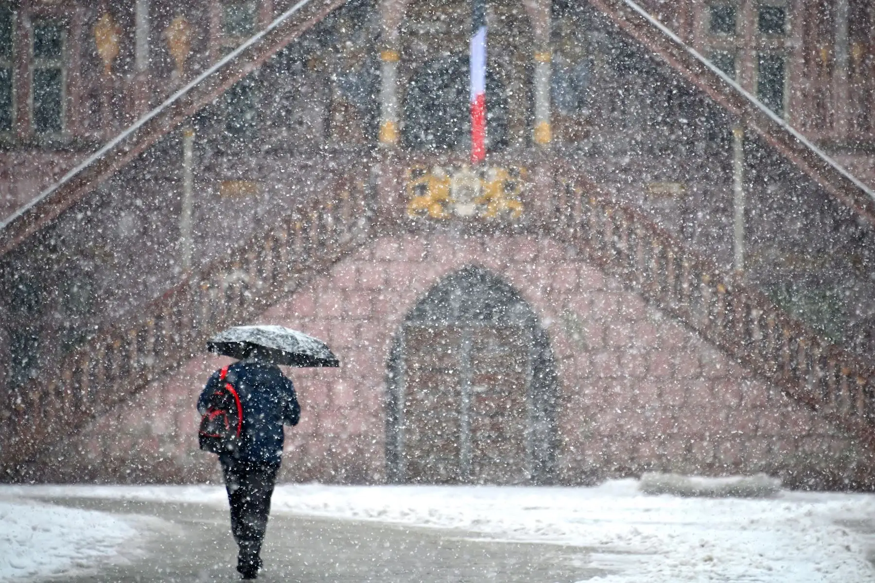 Una mujer camina en una calle de Mulhouse, en el este de Francia,  durante un episodio de nieve en el este de Francia.
Foto: AFP