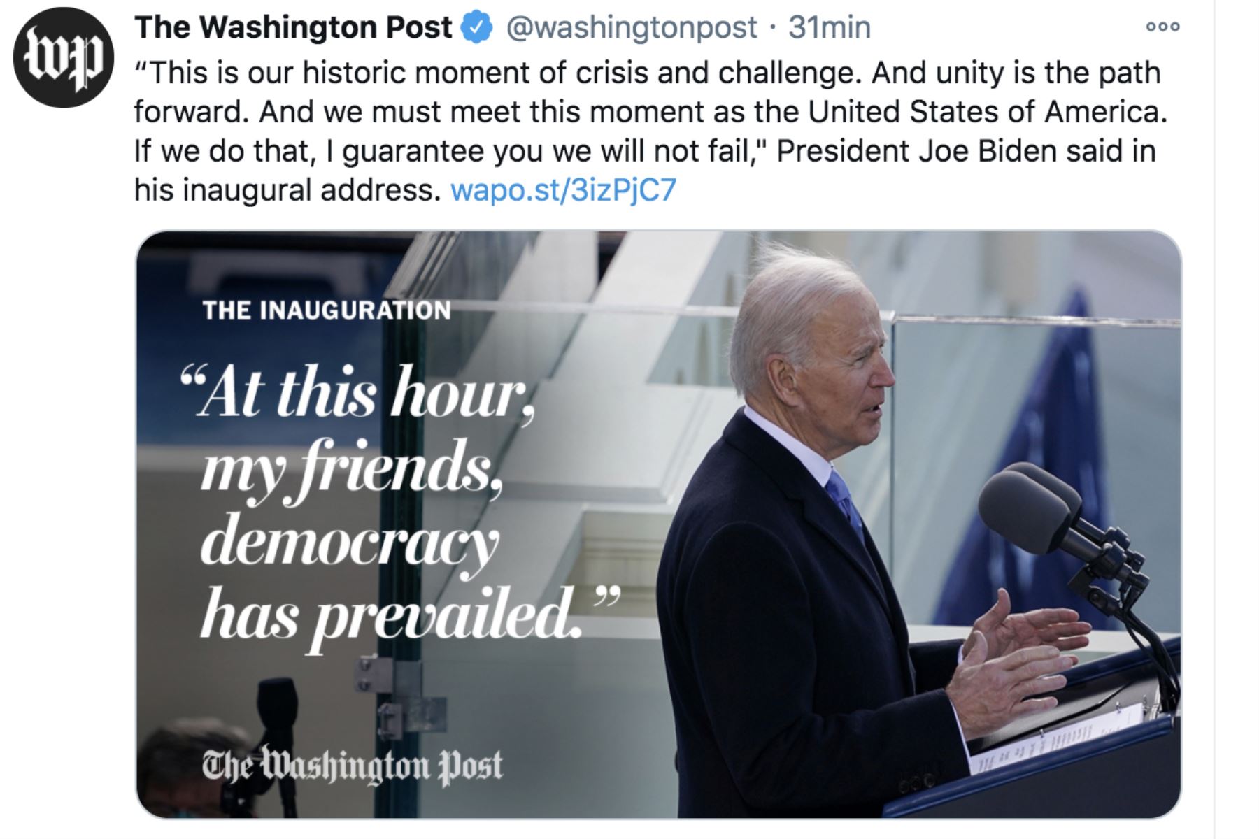 Así informa la prensa mundial sobre la histórica juramentación de Joe Biden, como presidente de los Estados Unidos. The Washington Post.