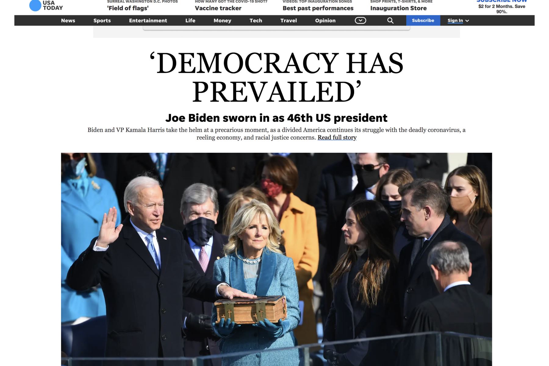 Así informa la prensa mundial sobre la histórica juramentación de Joe Biden, como presidente de los Estados Unidos. Usa Today.