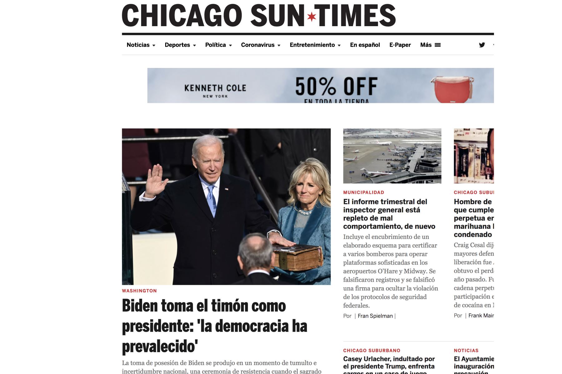 Así informa la prensa mundial sobre la histórica juramentación de Joe Biden, como presidente de los Estados Unidos. Chicago Sun Times.