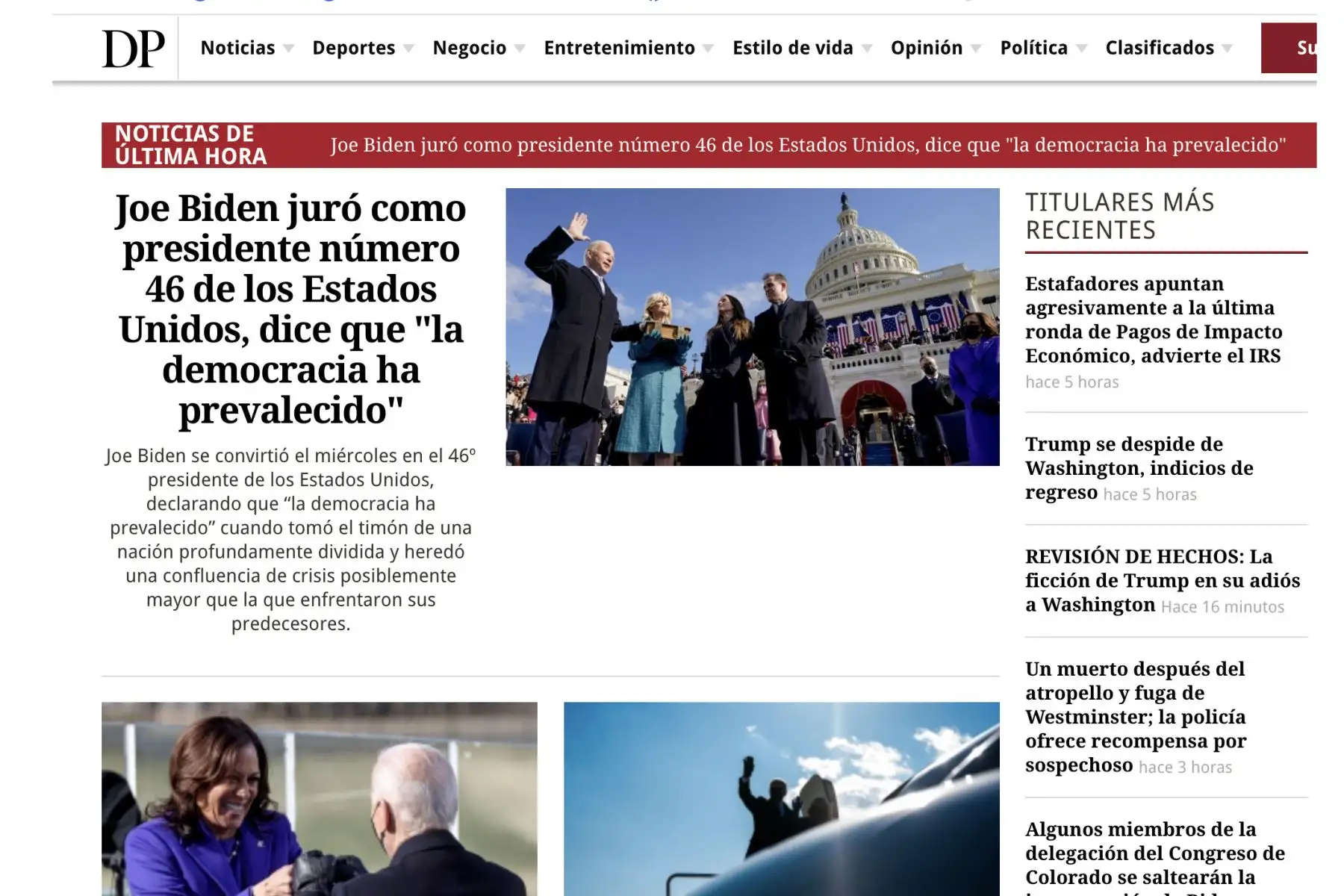 Así informa la prensa mundial sobre la histórica juramentación de Joe Biden, como presidente de los Estados Unidos.The Denver Post.