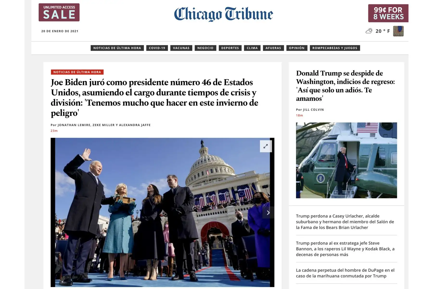 Así informa la prensa mundial sobre la histórica juramentación de Joe Biden, como presidente de los Estados Unidos.Chicago Tribune.