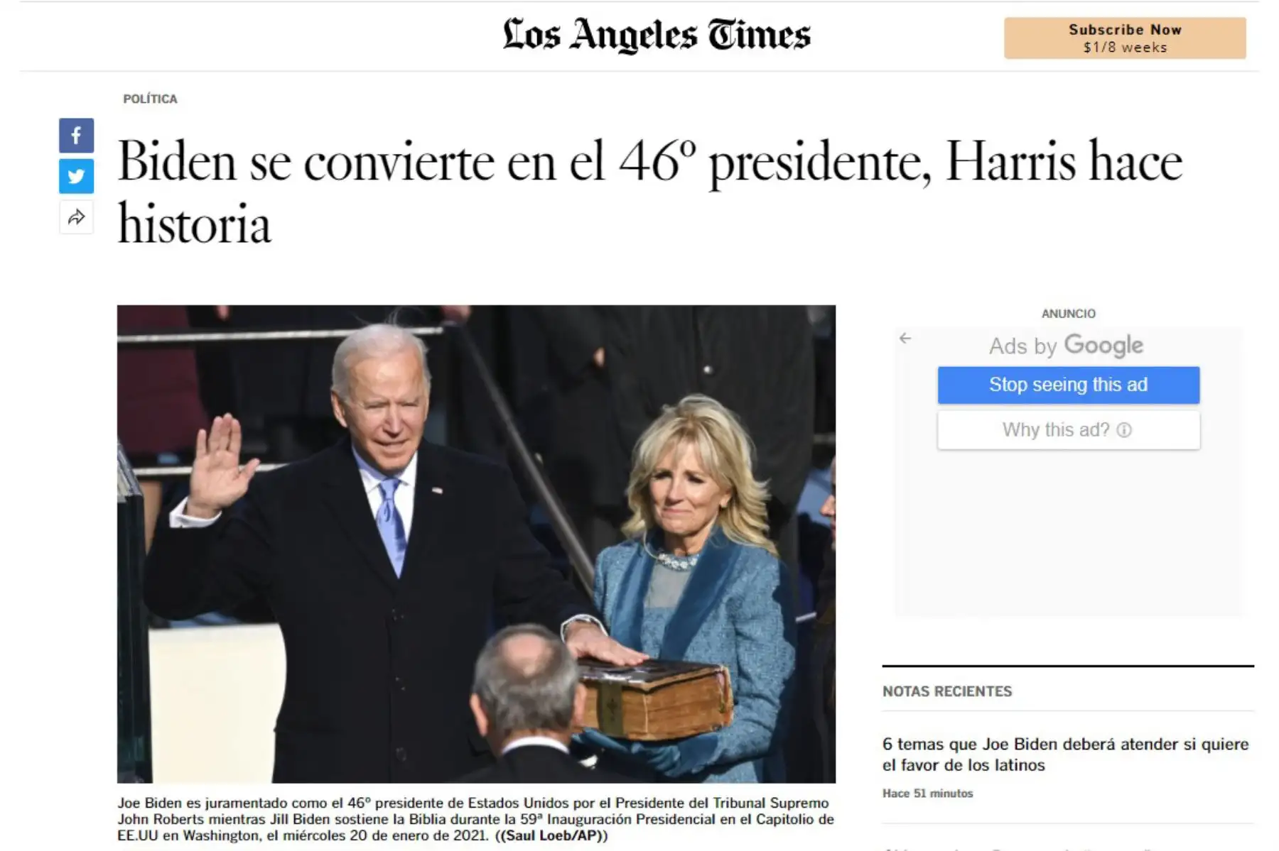 Así informa la prensa mundial sobre la histórica juramentación de Joe Biden, como presidente de los Estados Unidos. Los Angeles Times