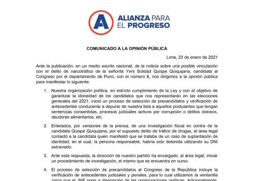 Comunicado de Alianza para el Progreso (APP).