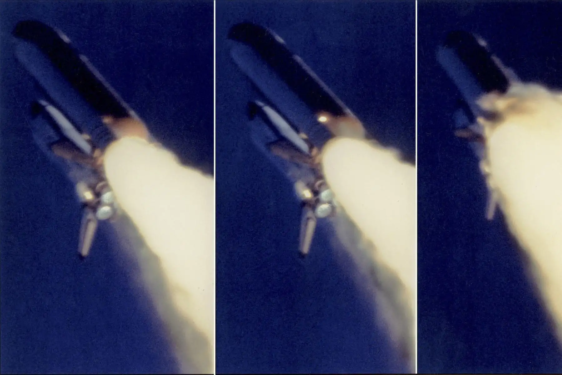 Estas fotos secuenciales, emitidas el 15 de febrero de 1986, tomadas por la NASA durante el catastrófico vuelo del transbordador espacial Challenger, el 28 de enero de 1986, muestran una columna de fuego que sale del propulsor de cohete sólido derecho y crece hacia una explosión. 75 segundos después de su lanzamiento, el transbordador espacial Challenger explotó matando a los siete tripulantes. Foto: AFP