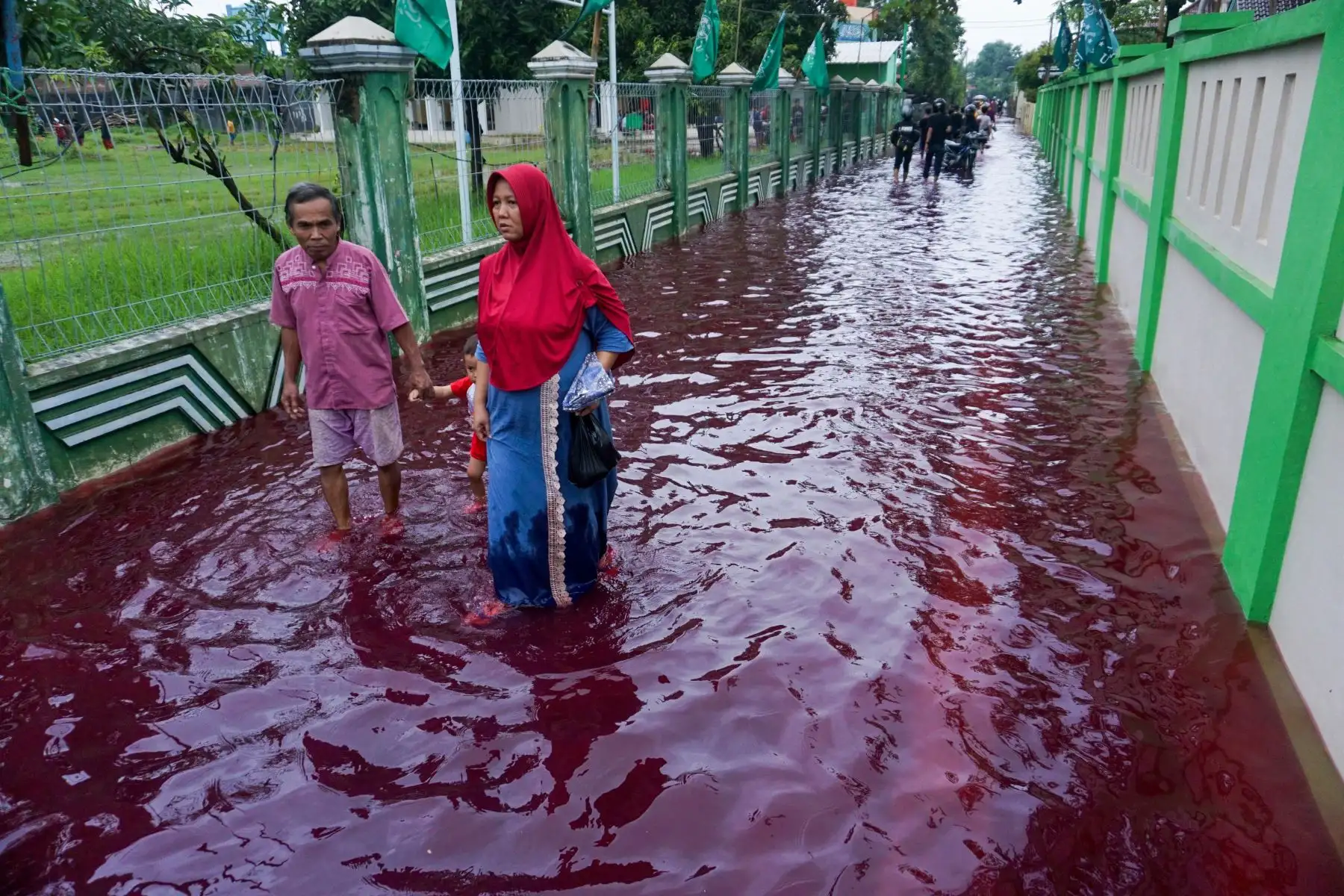 Los residentes atraviesan las inundaciones teñidas de rojo de los desechos de una fábrica de batik, un producto textil tradicional, en Pekalongan, Java central.
Foto: AFP