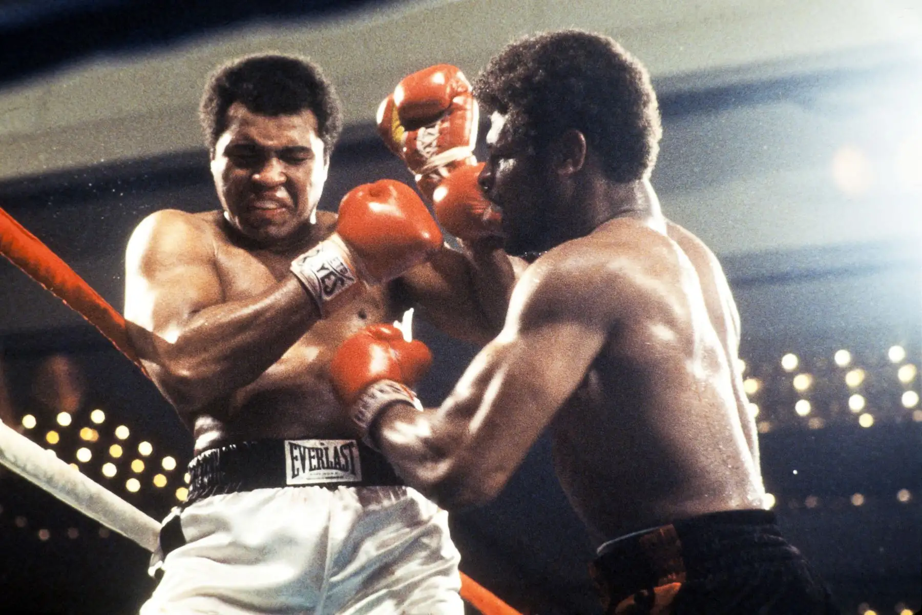 El campeón mundial de peso pesado Muhammad Ali y el estadounidense Leon Spinks Pelean el 15 de febrero de 1978 en Las Vegas durante su combate por el campeonato mundial de peso pesado. Ali perdió la pelea y su título de peso pesado ante el campeón olímpico de peso semipesado Leon Spinks. 
Foto: AFP