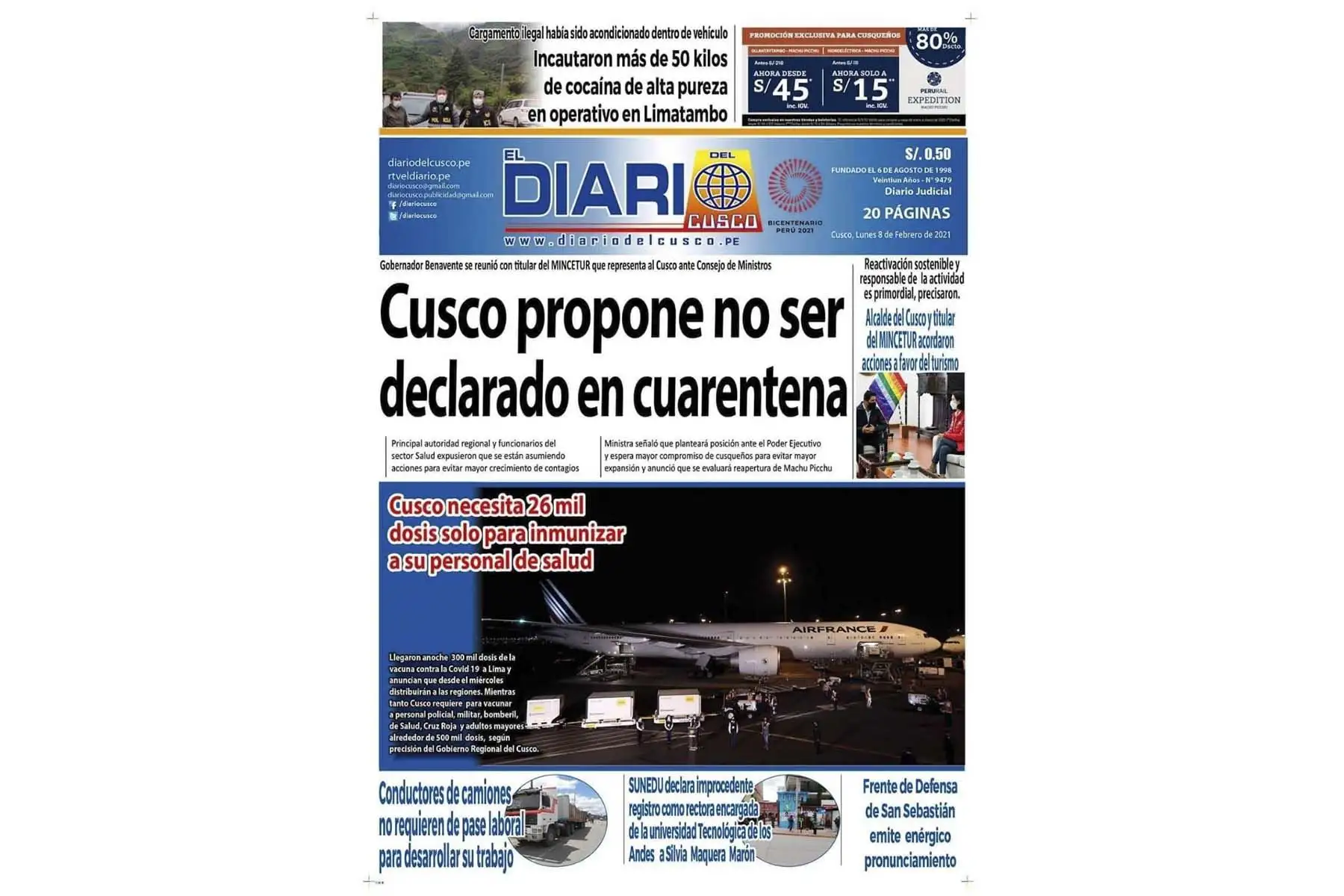 Así informan los medios nacionales y extranjeros la llegada de la vacuna contra el covid-19 al Perú. Portada del Diario del Cusco. Foto: ANDINA