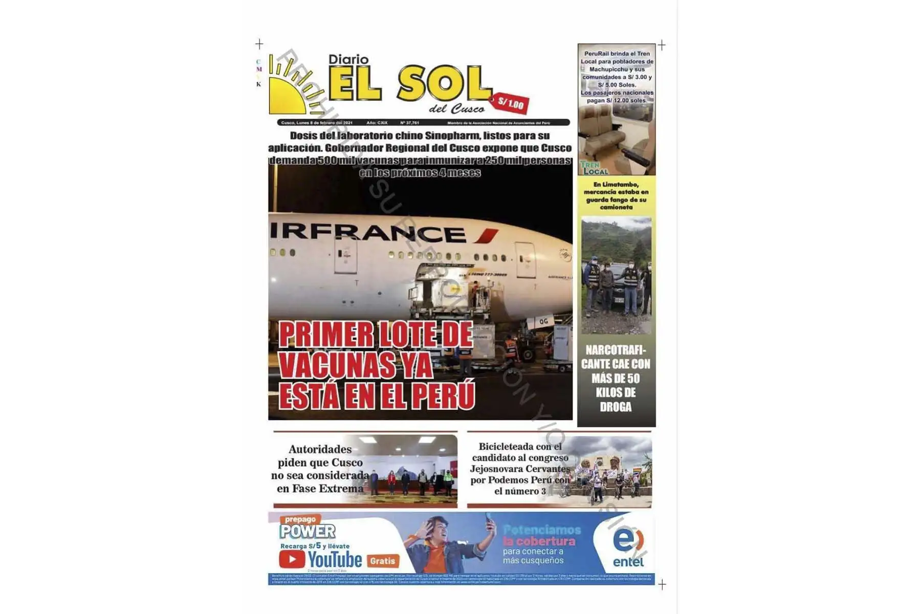 Así informan los medios nacionales y extranjeros la llegada de la vacuna contra el covid-19 al Perú. Portada de diario El Sol del Cusco. Foto: ANDINA