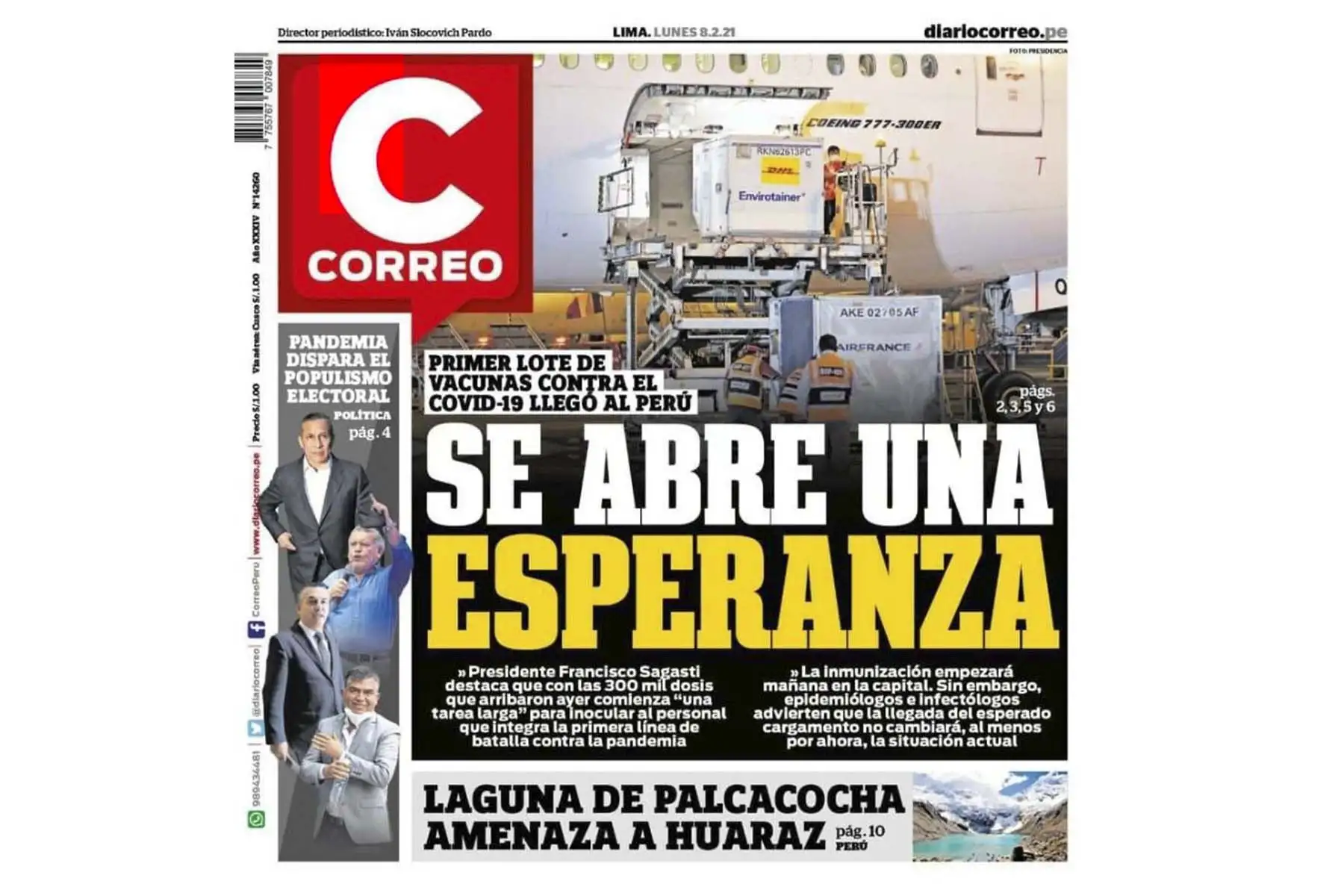 Así informan los medios nacionales y extranjeros la llegada de la vacuna contra el covid-19 al Perú. Portada del diario Correo de Lima. Foto: ANDINA
