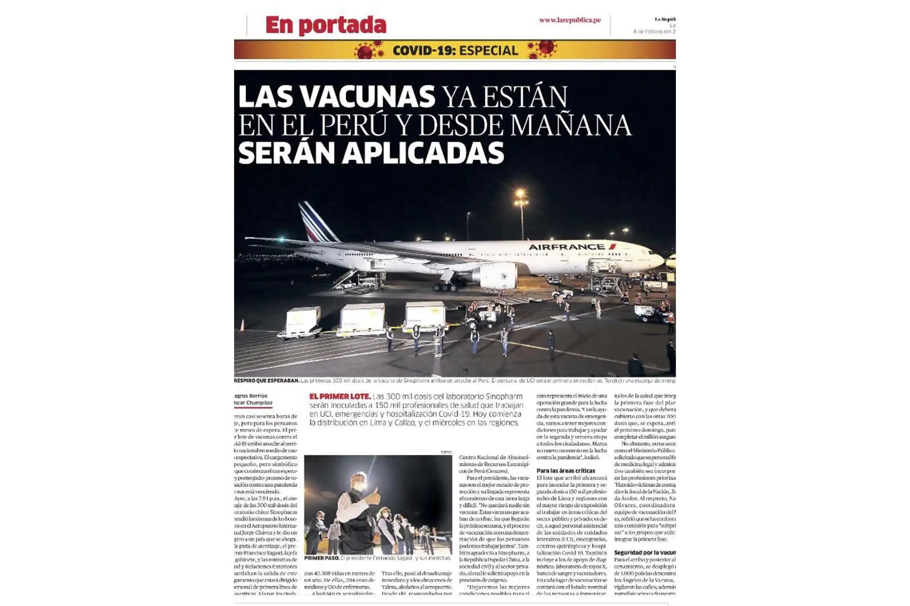 Así informan los medios nacionales y extranjeros la llegada de la vacuna contra el covid-19 al Perú. Interior de la página 2 del diario La República de Lima. Foto: ANDINA