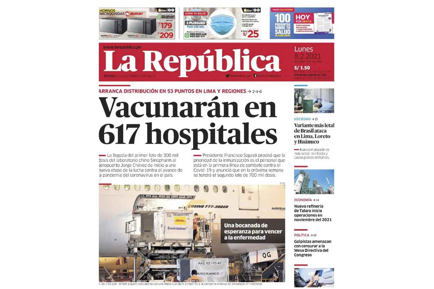 Así informan los medios nacionales y extranjeros la llegada de la vacuna contra el covid-19 al Perú. Portada del diario La República de Lima. Foto: ANDINA