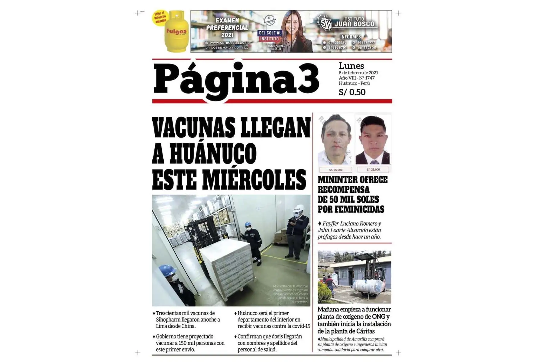 Así informan los medios nacionales y extranjeros la llegada de la vacuna contra el covid-19 al Perú. Portada del diario Página 3 de Huánuco. Foto: ANDINA