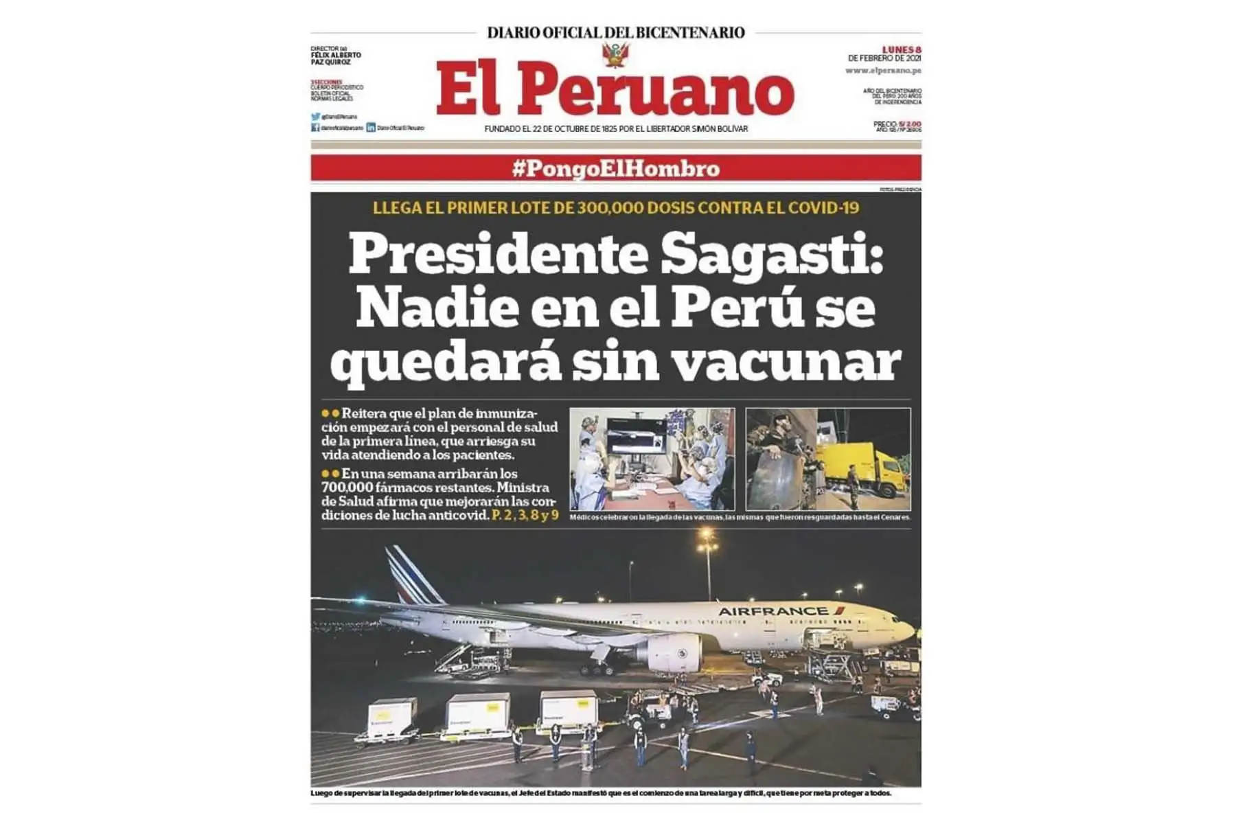 Así informan los medios nacionales y extranjeros la llegada de la vacuna contra el covid-19 al Perú. Portada del diario oficial El Peruano. Foto: ANDINA