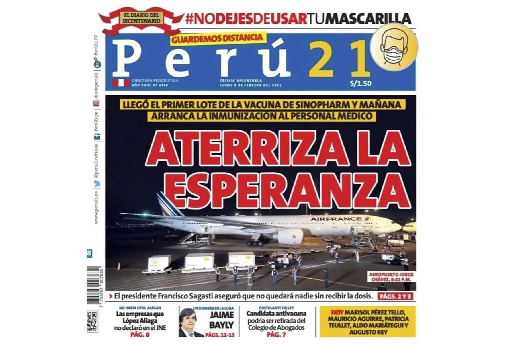 Así informan los medios nacionales y extranjeros la llegada de la vacuna contra el covid-19 al Perú. Portada del diario Perú 21 de Lima. Foto: ANDINA