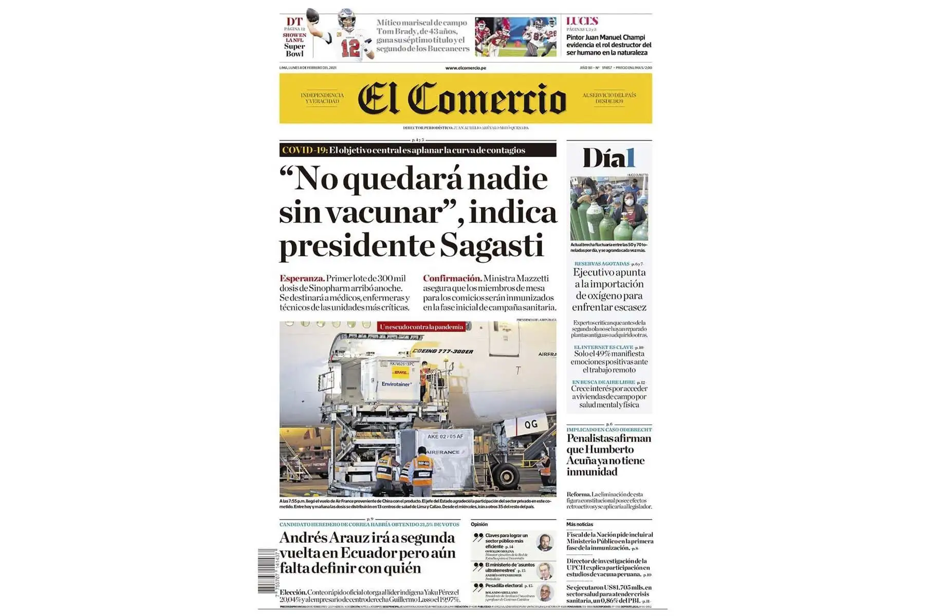 Así informan los medios nacionales y extranjeros la llegada de la vacuna contra el covid-19 al Perú. Portada del diario El Comercio de Lima. Foto: ANDINA