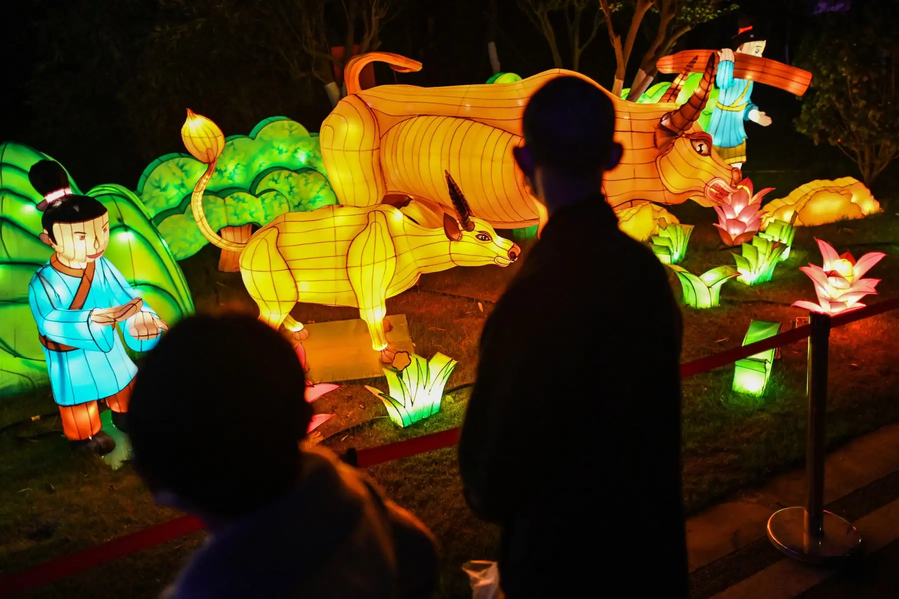 La gente mira linternas en un parque en Wuhan en la provincia central de Hubei en China el 11 de febrero de 2021, antes del inicio del Año Nuevo Lunar, que marca el comienzo del Año del Buey el 12 de febrero. Foto: AFP