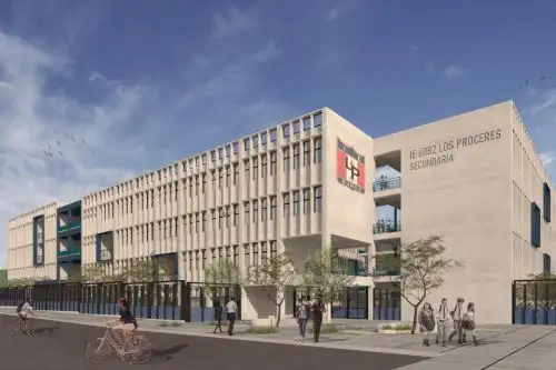 La imagen muestra el diseño de cómo quedará una de las escuelas públicas bicentenario. Tendrán aulas flexibles, patios que serán paisajes educativos, polideportivos, áreas verdes, anfiteatros, terrazas-patio en los últimos pisos de algunos pabellones y talleres especializados para reforzar la formación técnica y tecnológica en secundaria. Foto: ANDINA/Difusión