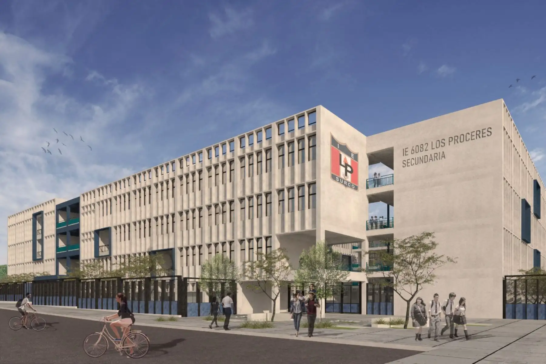 La imagen muestra el diseño de cómo quedará una de las escuelas públicas bicentenario. Tendrán aulas flexibles, patios que serán paisajes educativos, polideportivos, áreas verdes, anfiteatros, terrazas-patio en los últimos pisos de algunos pabellones y talleres especializados para reforzar la formación técnica y tecnológica en secundaria. Foto: ANDINA/Difusión