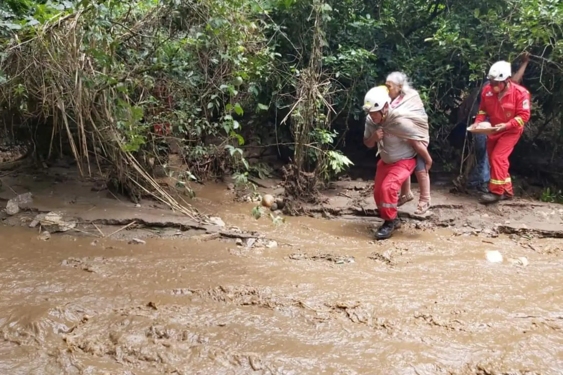 Brigadas conformadas por bomberos y policías realizan la búsqueda de nueve desaparecidos que dejó un huaico y desborde de río en Quillabamba, en Cusco. ANDINA/Difusión