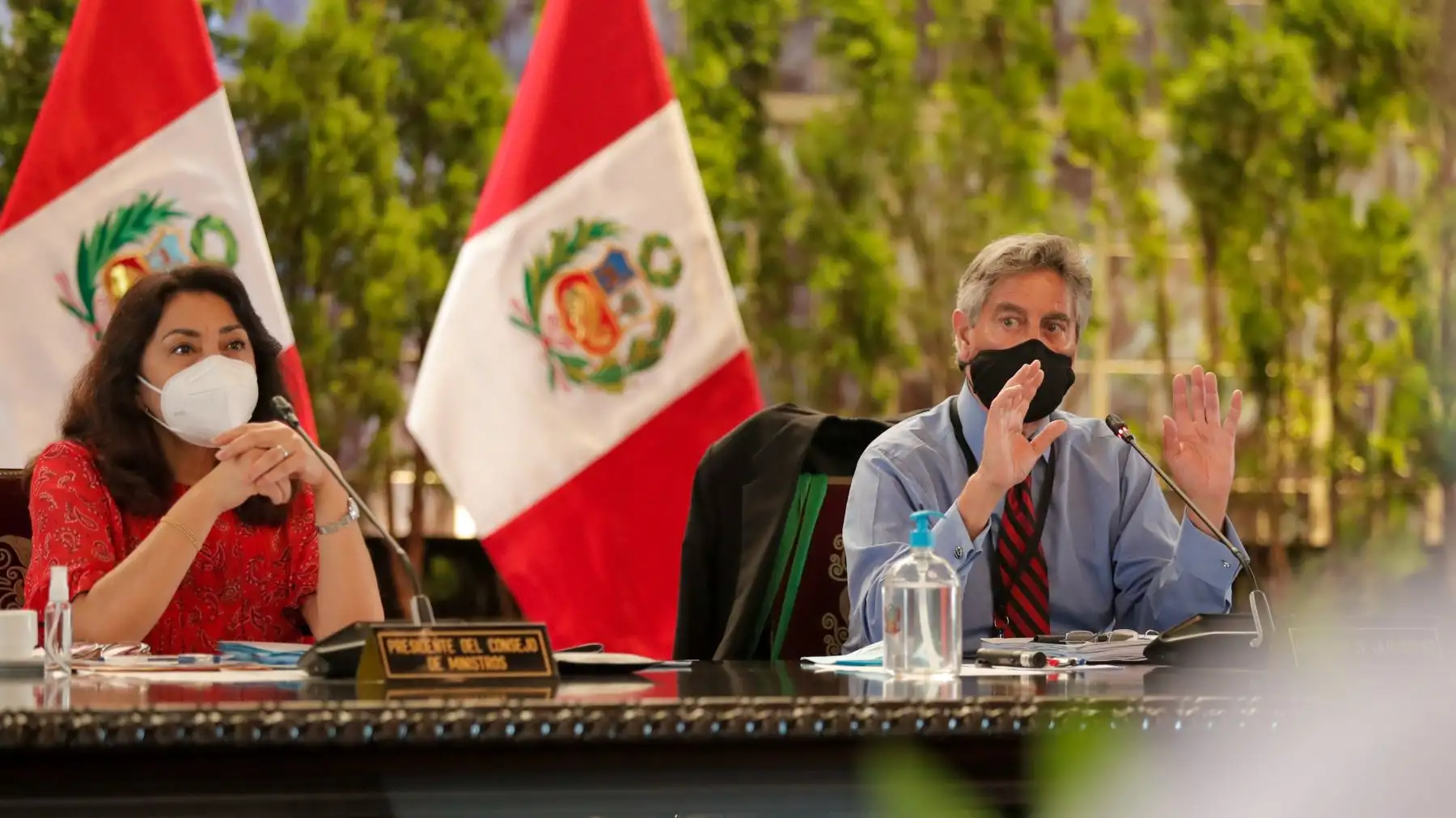 Presidente Francisco Sagasti y la titular de la PCM lideran la sesión del Consejo de Ministros donde evalúan los avances y se coordinan acciones frente a la emergencia sanitaria. Foto: ANDINA/PCM